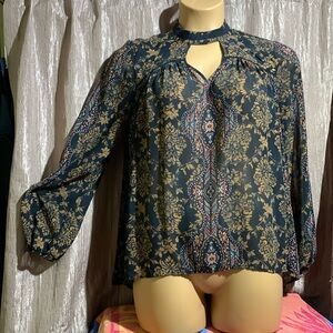 Knox Rose Top Blouse L Gray Brown Floral Light Weight Pull Over Polyester